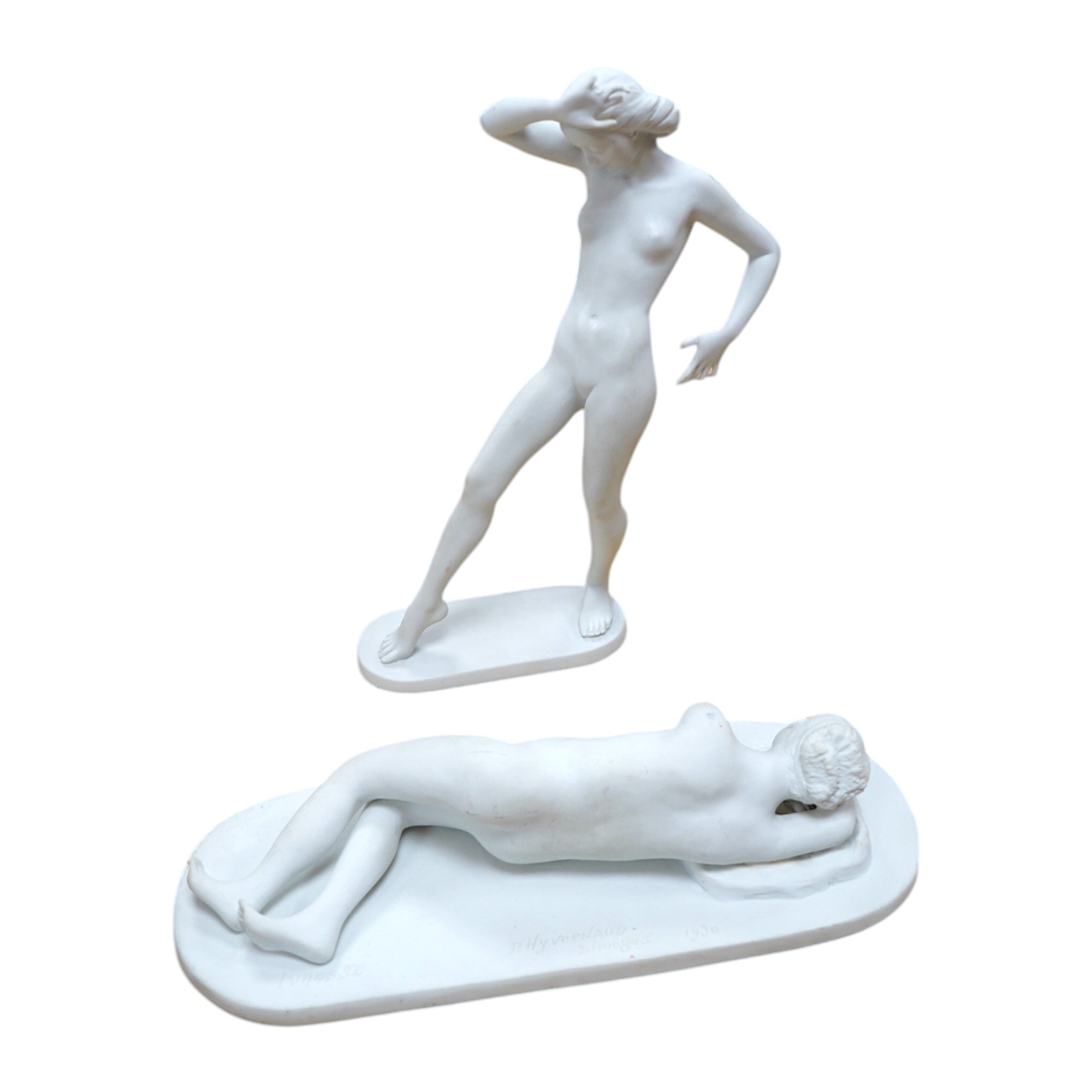 A Limoges bisque reclining female after P. Hyvenaud, 1930, entitled Ivresse, together with a Rosenthal Art Deco Dancer, 31cm wide. Condition - fair